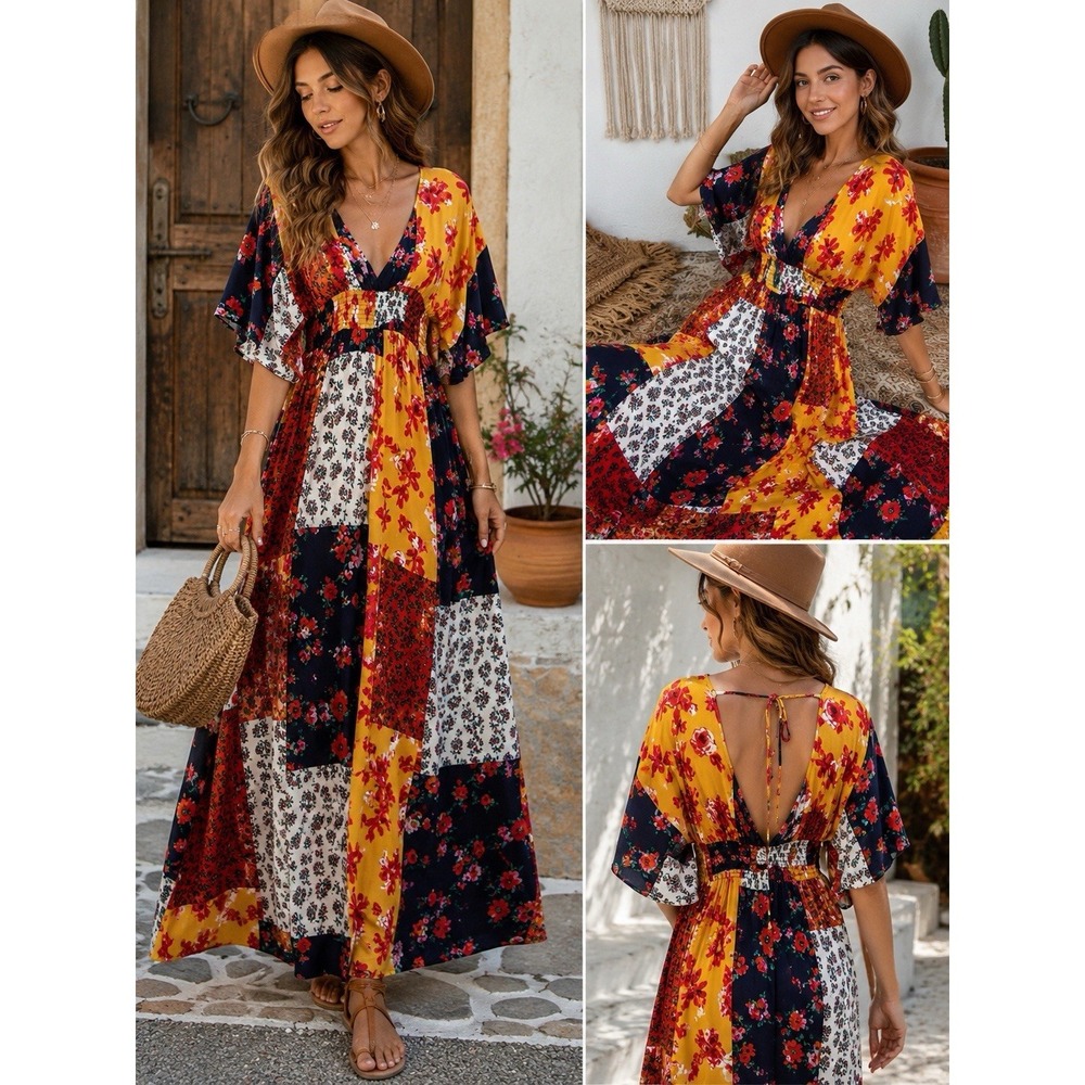 ODDI Boho Patchwork Floral Maxi Dress Open Back Smocking Size L 0324